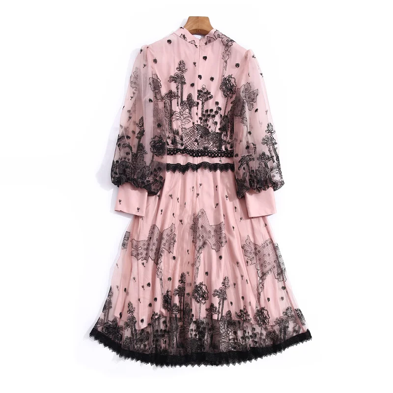 

Runway Summer New Women'S Dress Fashion Party Elegant Exquisite Embroidery Net Yarn Lantern Sleeve Vintage Style Midi Dress