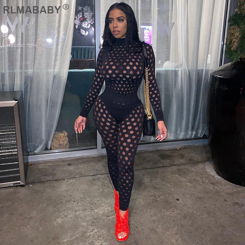 

Sexy See Through Hollow Out 2 Piece Set Fashion Casual Turtuleneck Long Sleeve Tshirt And High Waist Pant Trouser Women Club Set
