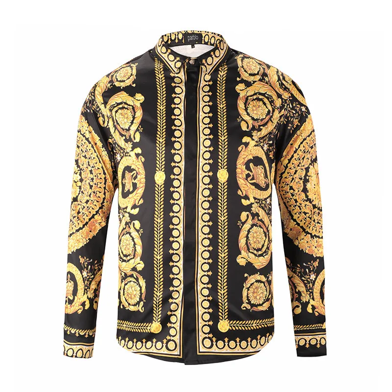 

2021 European and American 3D long-sleeved shirt men's fashion catwalk high-end high-end printing gold flower carving pattern