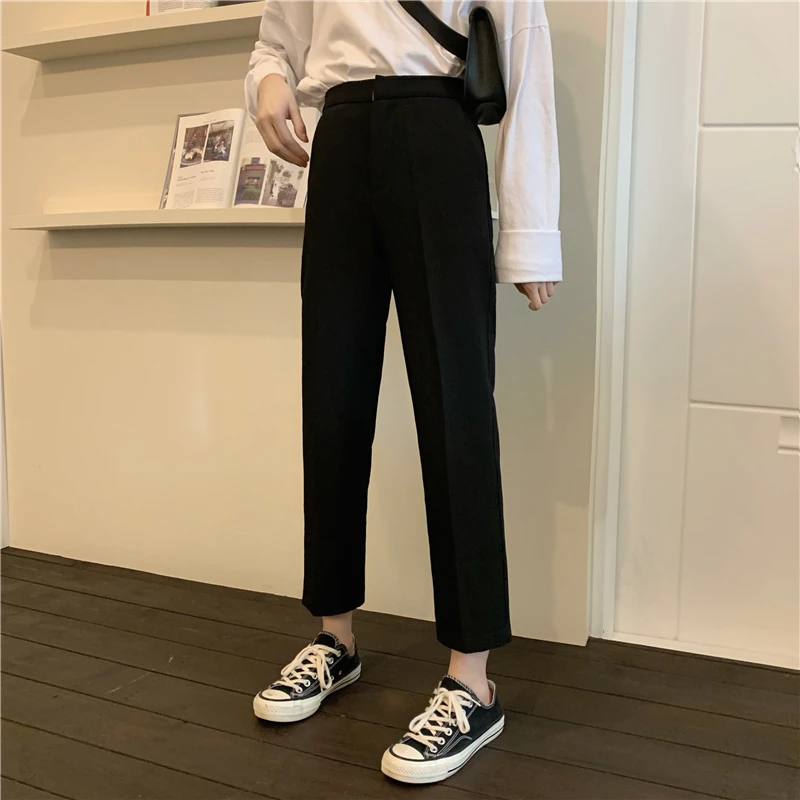 

2021 New Retro Suit Women's Spring Korean Style High Waist All-Matching Black Casual Cropped Pants for Students
