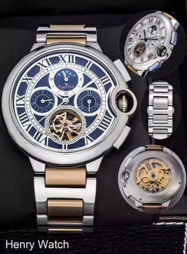 Silver Gold Blue Роскошные брендовые новые мужские часы с сапфиром, автоматические механические часы из розового золота и нержавеющей стали с турбином, скелетом, фазой Луны, часы AAA - Цвет: Silver Gold Blue