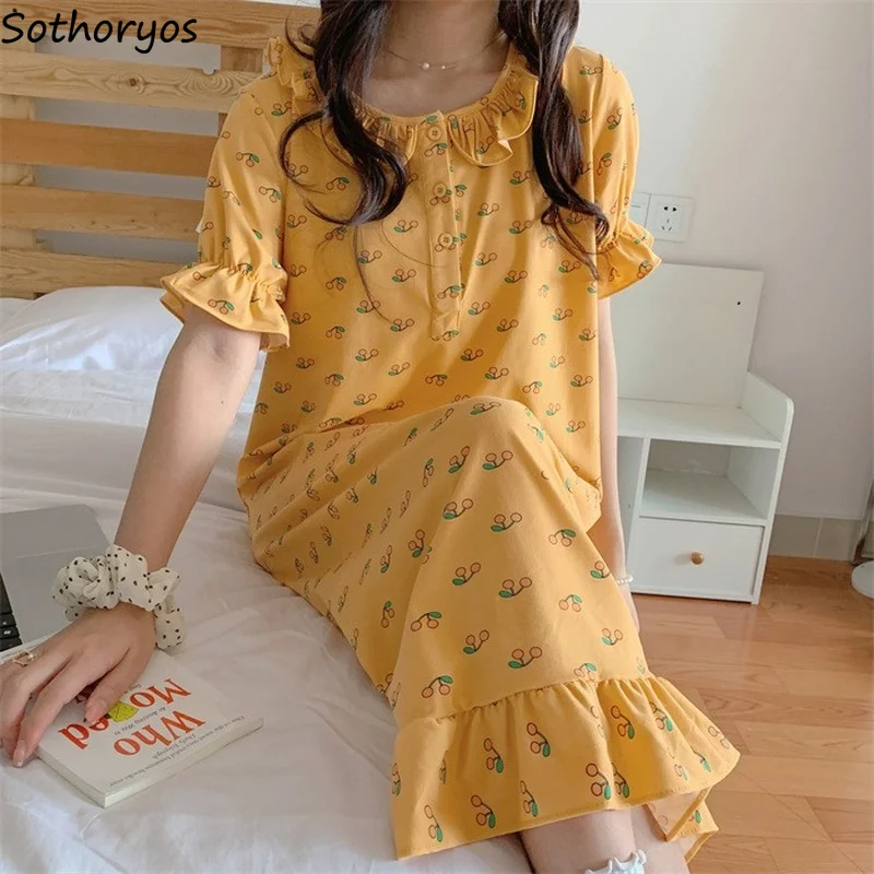 

Sweet Cherry Print Short Sleeve Nightgowns Women Straight Fungus-line Cute Ins Stylish Ruffles Summer Sleepwear Midi Nightwear