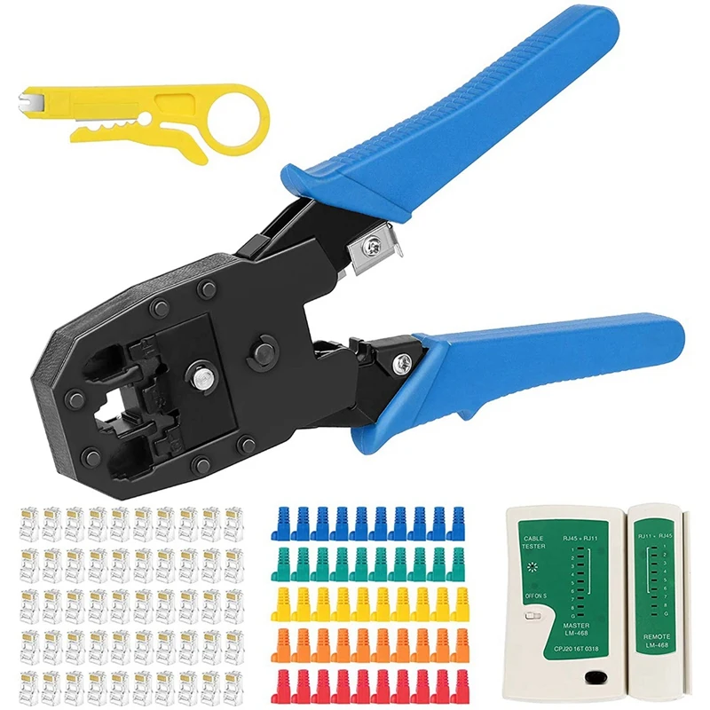 

Promotion! RJ45 Crimp Tool Kit, Cat5 Cat5E Crimp Tool Set, Crimp Tool with Cat5 Cat6 RJ45 Connectors, Mixed Strain Relief Boots