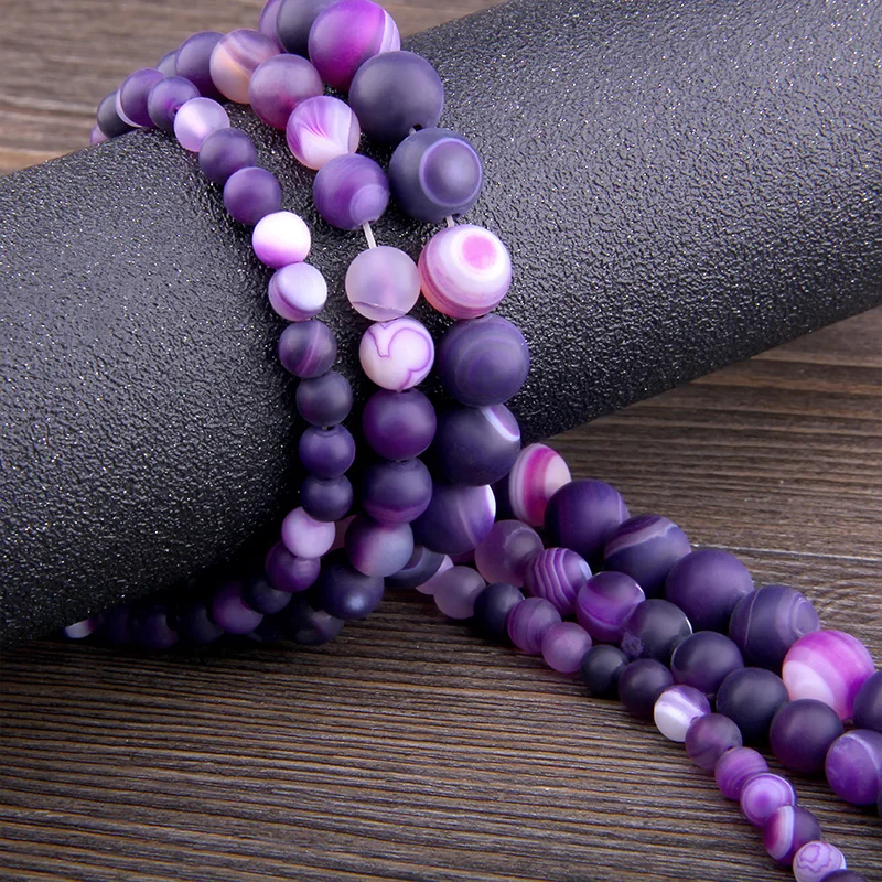 

6 8 10 MM Natural matte Purple Stripe Agates Stone Beads Diy purple loose stone Beads for Jewelry Making handmade bracelet gifts