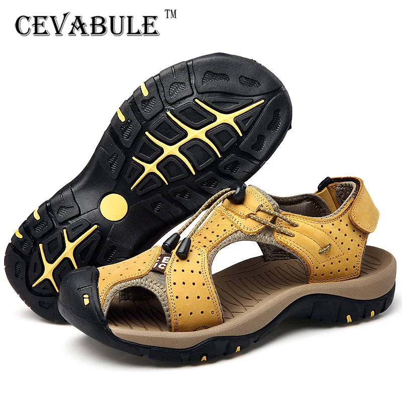 

CEVABULE Large-size Man Sandals Men's Head Layer Outdoor Casual Non-slip Leather Beach Shoes Side Mens Sandals Sandals Men CLK