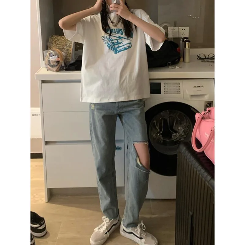 

Джинсы женские с завышенной талией, рваные прямые свободные винтажные брюки оверсайз с рваными дырками, уличная одежда из денима в Корейско...