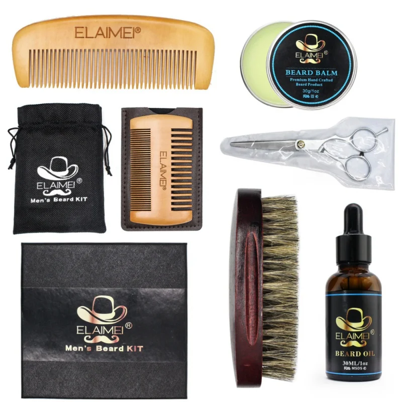 Men Beard Care Kits Beard Wax/Oil/Comb/Brush/Scissor Beard Styling Tools Set