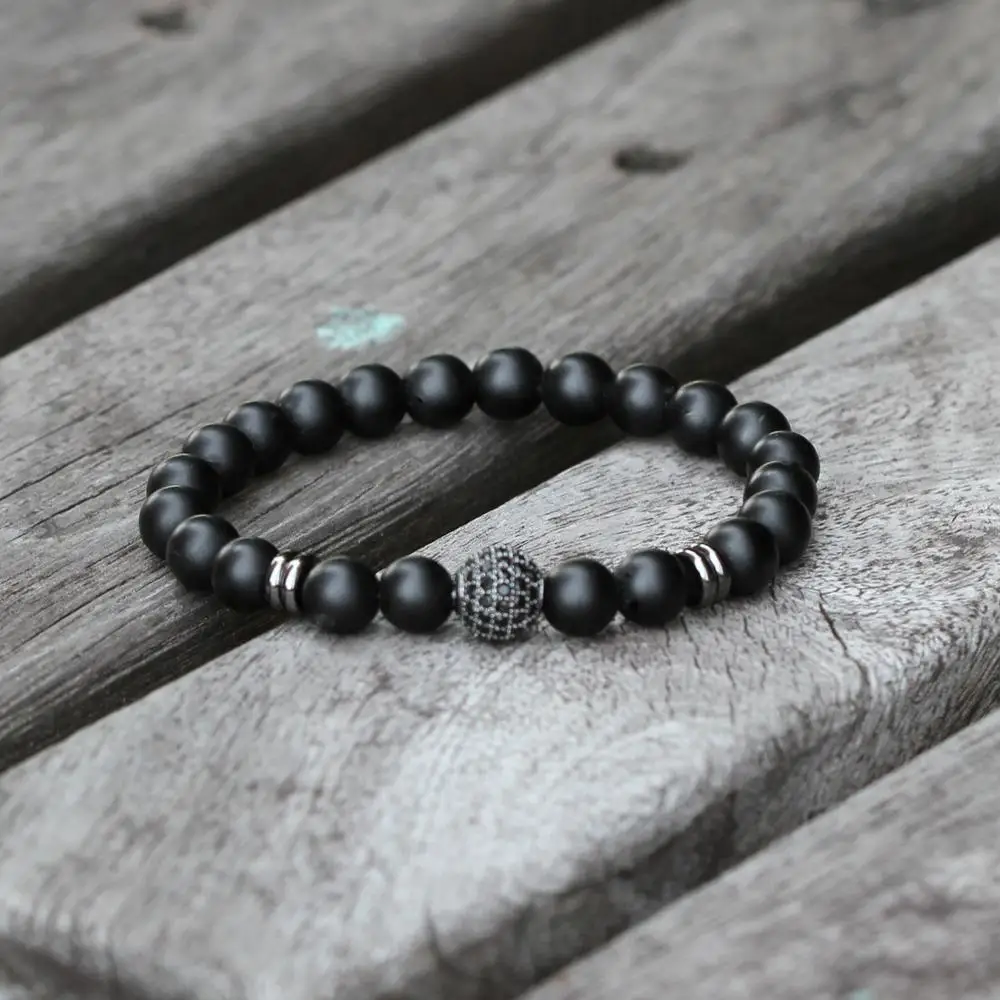Мужской Эластичный браслет черный 8 мм с микроинкрустацией 10 из черного/белого