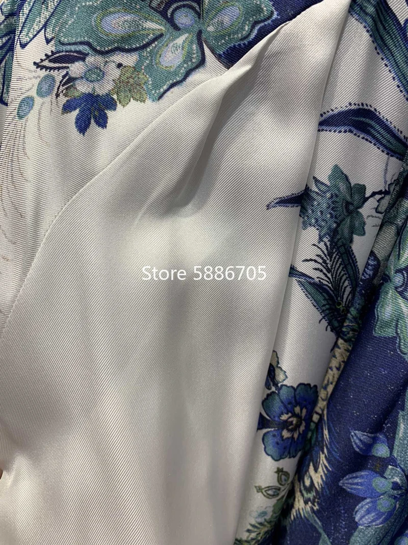 

100% silk women high quality BLUE print mini Dresses Summer vintage belt lantern sleeve Elegant Designer holiday Dress S08