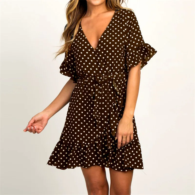 

Summer Dress 2021 Boho Style Beach Dress Fashion Short Sleeve V-neck Polka Dot A-line Party Dress Sundress Vestidos
