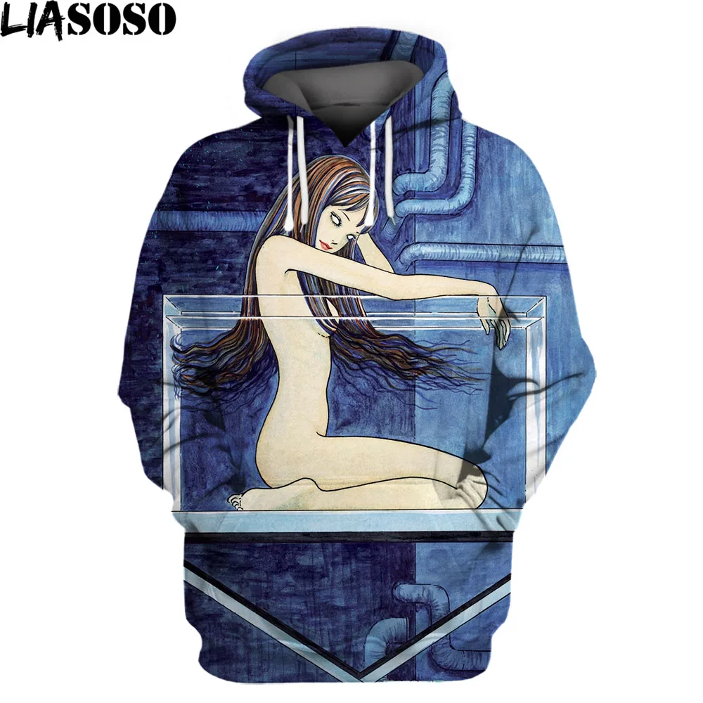 

LIASOSO 3D Print Junji Ito Hoodie Men Women Hip Hop Streetwear Daily Long sleeve Leisure Pullover Tops Horror Anime Sweatshirt
