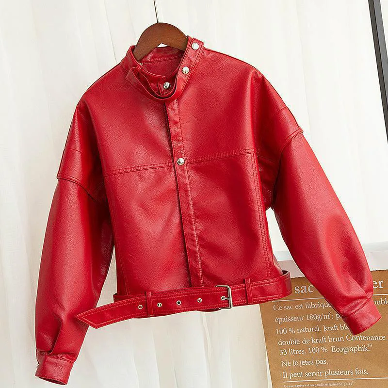 Женская кожаная куртка свободная Мягкая красная из искусственной кожи Черная