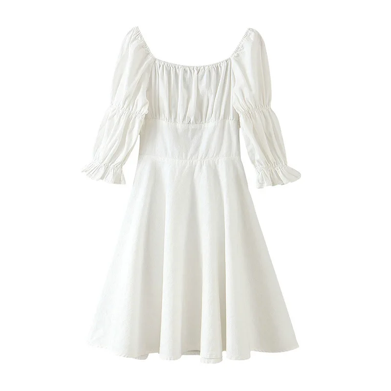 

Hot Selling Summer Newest Square Collar Solid Cotton Button Petal Sleeve High Waist Pleated Dress Women Sexy Dress Sweet Dress
