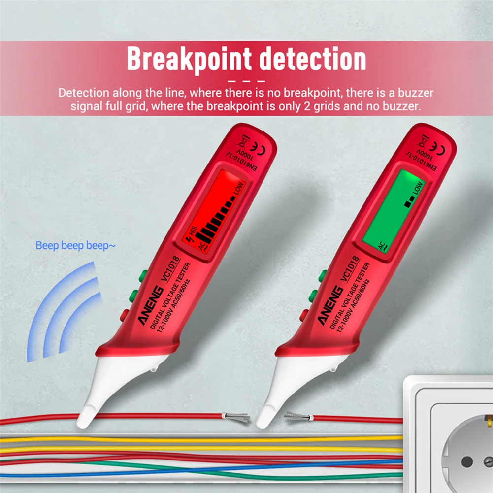 

VC1018 Non-contact Electric Tools Sensor Tester Pen Digital Intelligent AC Voltage Meter 12V-1000V Voltmeter Buzzer Detector