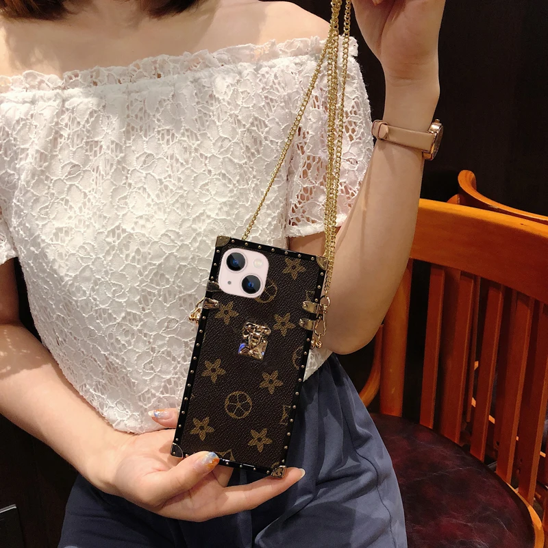 

Luxury Lanyard Brand Phone Case For iPhone 13 12 11Pro Max 11 Pro Fashion Shockproof Lanyard Leather Back Cover