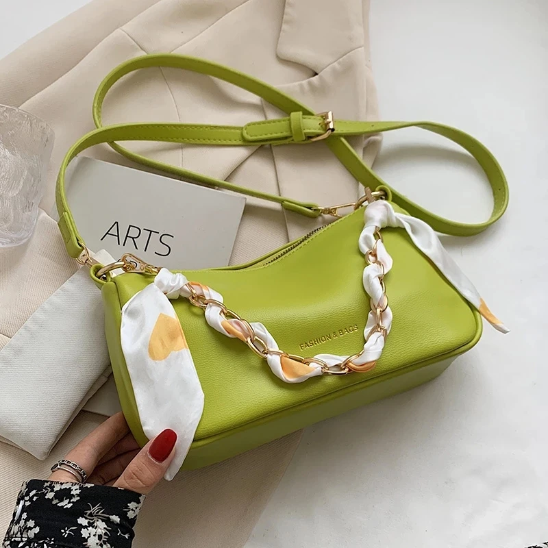 

Cute Silk Scarf Crossbody Messenger Bags Shoulder for Women 2021 Fashion Small Solid Color Simple PU Leather Handbags Purses