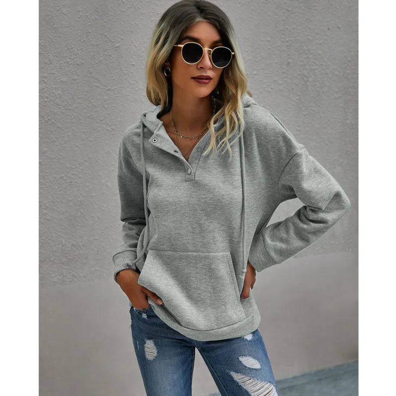 

Fall women's fashion Sweatshirt solid color Buttons Hoodies female chic Harajuku style wn*