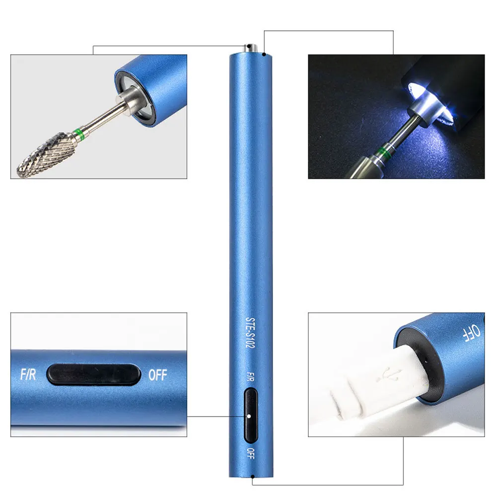 

Nail Drill Pen Mini Electric Portable 12000rpm Polisher Machine LED Light Manicure Pedicure Grinding Device(Blue)Light Portable