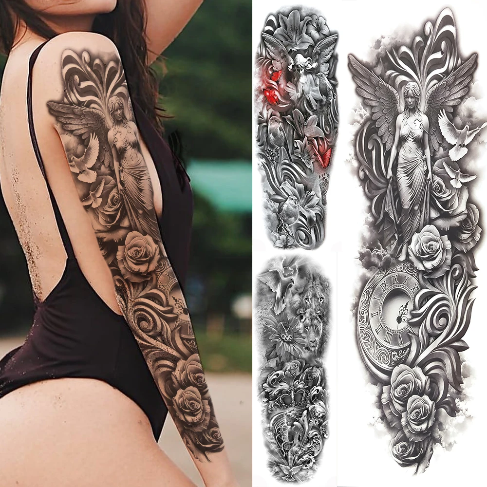

Full Arm Sleeve Temporary Tattoos For Women Men Adult 3D Angle Compass Flower Pigeon Fake Tatoos Butterfly Black Large Tattoos