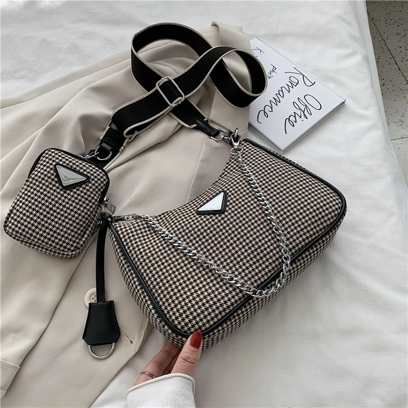 

2021 Hobos Women Crossbody Shoulder Bags Causal Luxury Designer Handbags With Mini Houndstooth Plaid Pockets For Daily