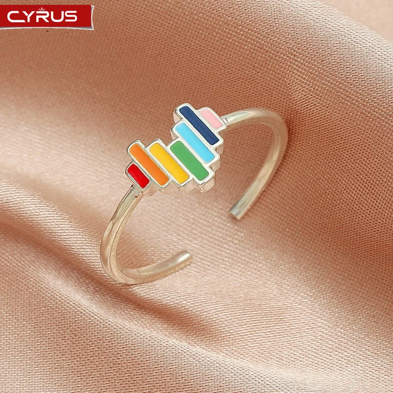 

Fashion Rainbow Heart Rings for Women Men Vintage Geometric Silver Color Opening Ring Unisex Adjustable Finger Jewelry Gifts