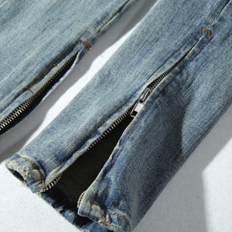 

IEFB High Street Men's Hold Jeans Patch Vintage Do Old Denim Trousers Leg Zipper Slim Fit Wash Hole Jeans Streetwear Tide 9Y6191