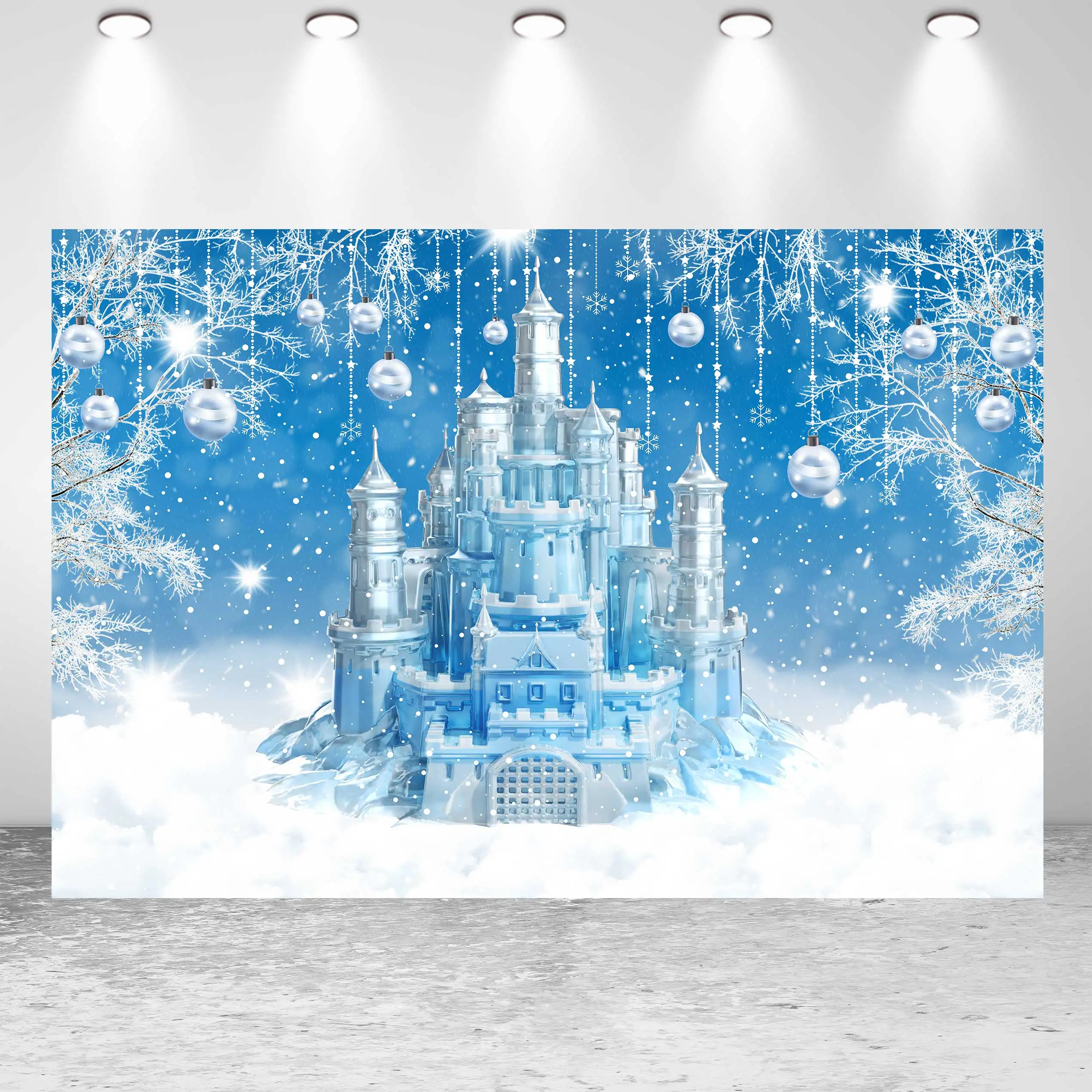 

Фотофон Seekpro для студийной фотосъемки с изображением зимы Рождества праздника принцессы замерзшего замка снега семейного детского дня рождения