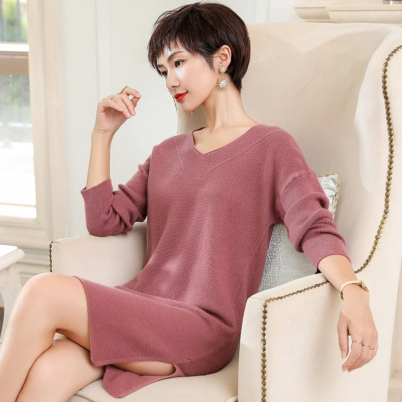 Женский кашемировый свитер средней длины ALKMENE Осенний вязаный с v-образным