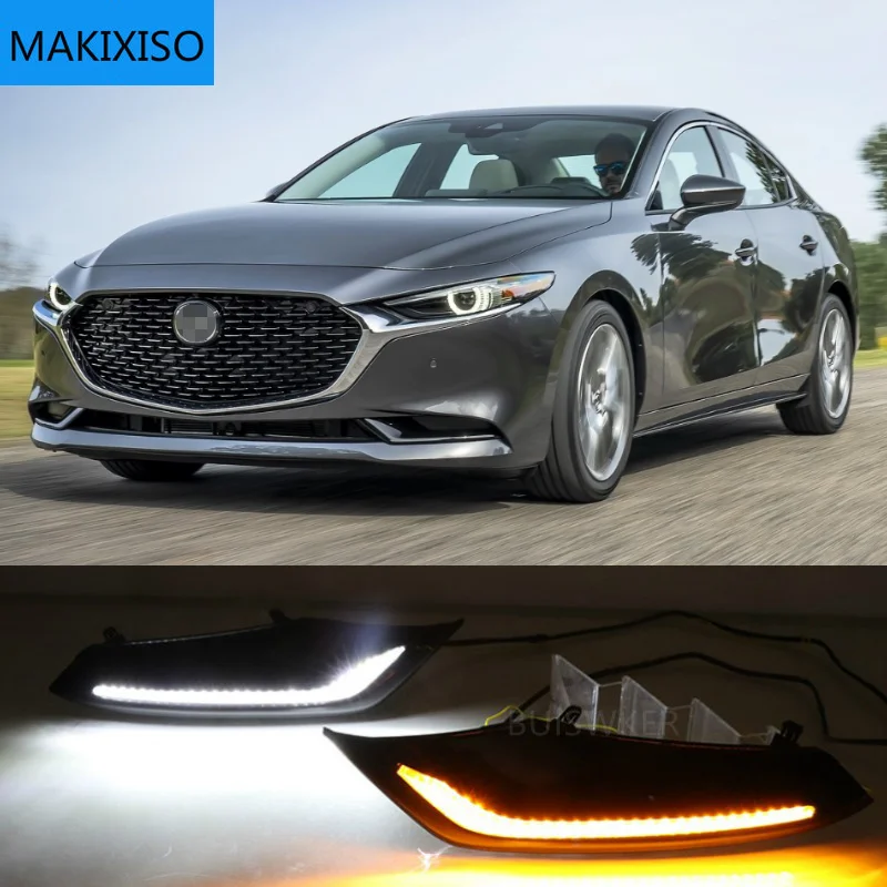 

2 шт. LED DRL для Mazda 3 Axela 2019 2020 светодиодный Вождение автомобиля противотуманные фары светильник противотуманных фар с потоком желтым сигналом поворота