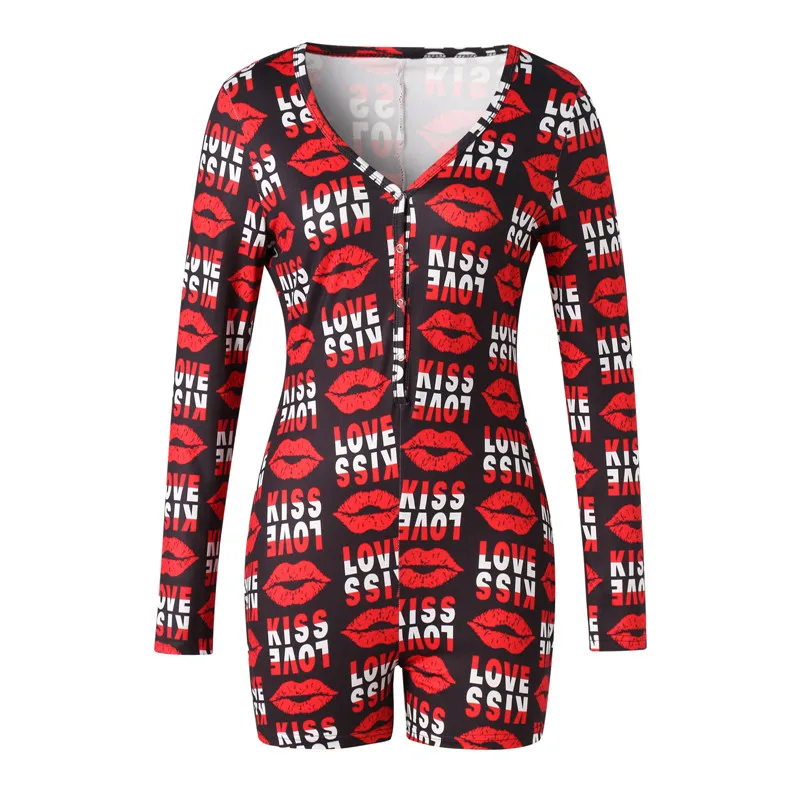 

Woman's Sexy V-neck Long Sleeve Cartoon Printed Short Jumpsui Fashion Elastic Slim Playsuit Casual Rompers