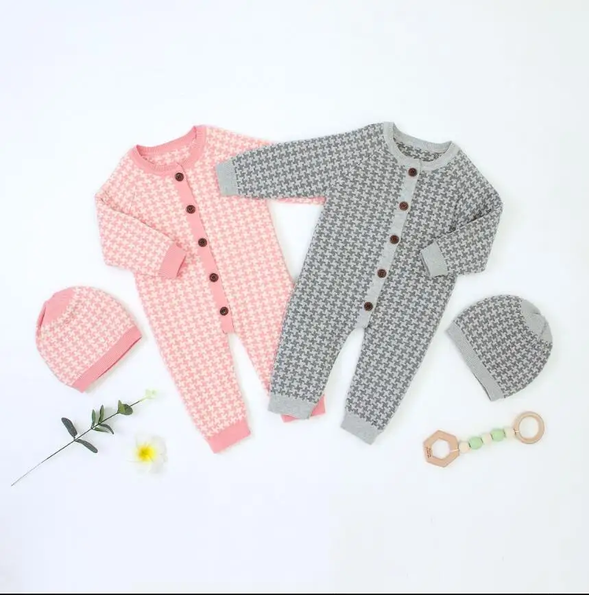 

Knitted Jumpsuit For Girls Boys Clothes Plaid Newborn Baby Romper Cotton Autumn Winter Infant Toddler Romper With Hat Overalls