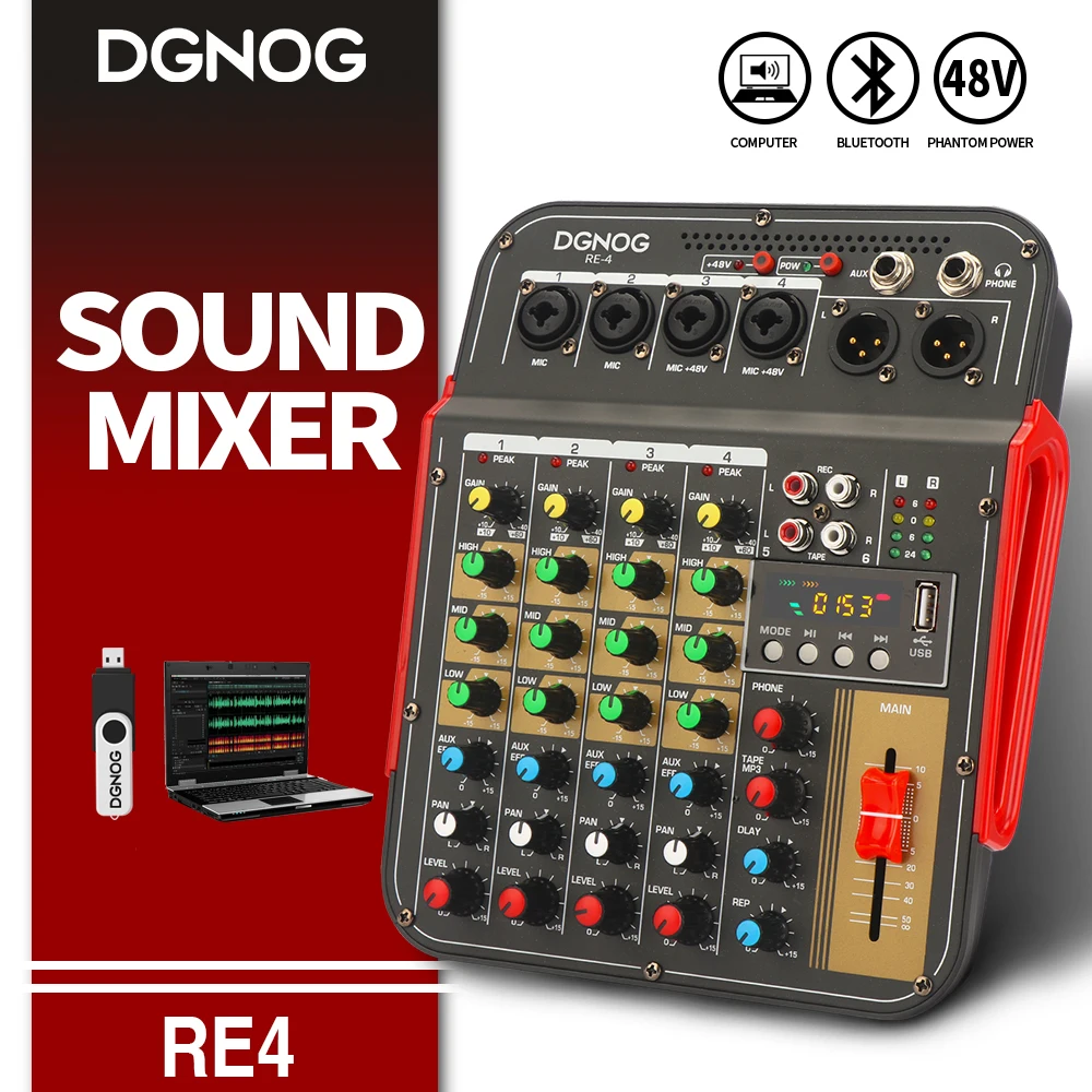 4-канальный звуковой микшер RE4 AUX-консоль DJ-микшер с фантомным питанием 48 В Bluetooth USB