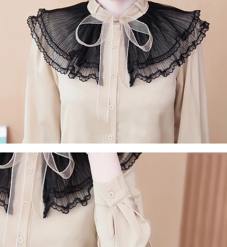

2021 Spring Splicing Mesh Ruffles Tops Women long sleeve Chiffon blouse Elegant Lace shirt Blusa