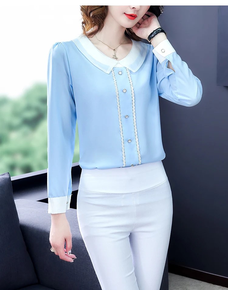 Женские блузки blusa mujer moda с круглым отложным воротником и длинным рукавом, шифоновые Женские топы и блузки размера плюс, женские топы 6933 50 - Цвет: blue