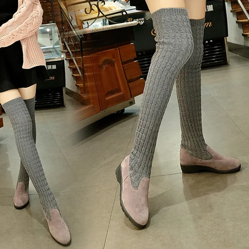 

2021 Women's Boots Warm Stretch Stocking Boots Women Knit Over-knee Thigh High Boots Autumn Shoes Feminine Sense Fashion