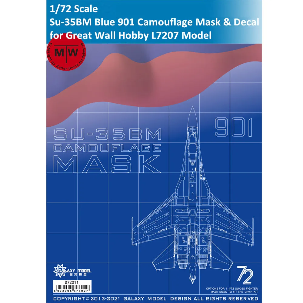 Galaxy D72011 1/72 Scale Sukhoi Su-35BM Blue 901 Camouflage Flexible Mask & Decal for Great Wall Hobby L7207 Model