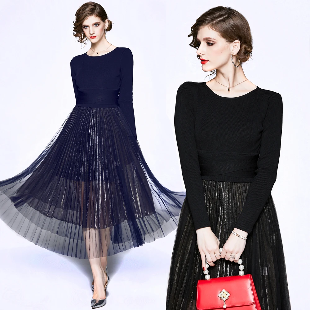 

Women Autumn Designer Elegant Office Party Dress Suit Female Long Sleeve Knitting Top+ Fashion Mesh Pleated Skirt Two Piece Sets
