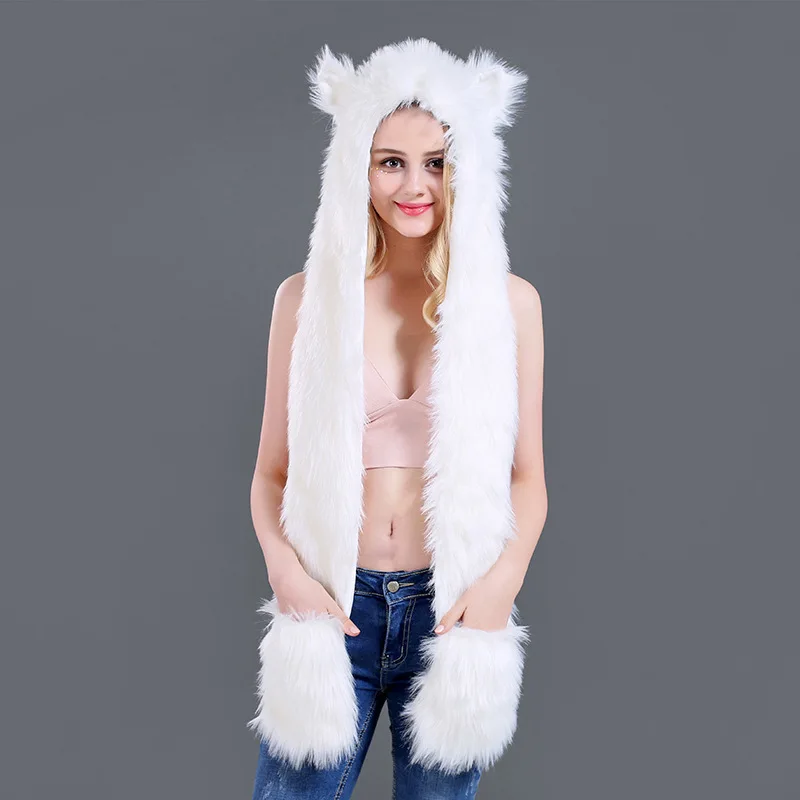 

New European and American imitation fur hat animal hat scarf gloves all-in-one hat cartoon winter hats for wome