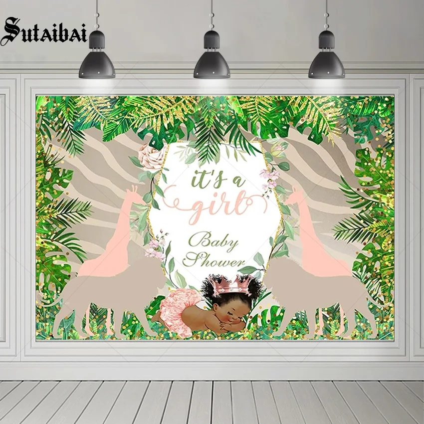 

Princess Photography Background Tropical Jungle Safari Giraffe Green Leaf Decoration Baby Shower Child Portrait Backdrop Studio
