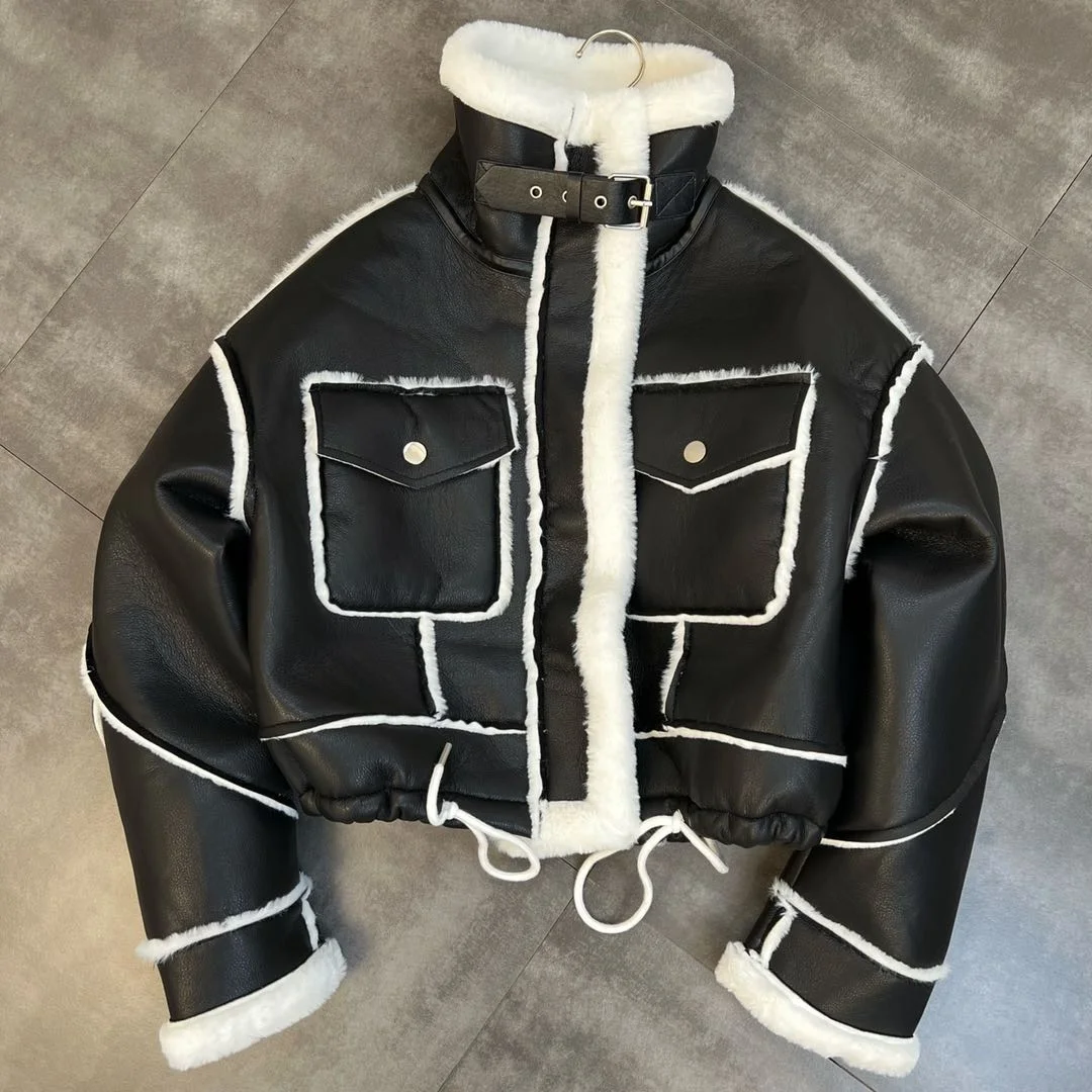 

ZCSMLL Women Thickened Fleece Fur In Color-blocking Pockets Leather Jacket New Long Sleeve Fashion Autumn Winter 2021