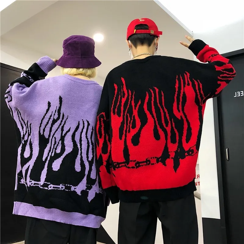 

Hip-hop Loose Print Fried Street Loose Harajuku Flame Knitted Bat Wing Sleeve Sweater Boyfriend Wind Pullover Autumn/winter New