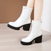 plus size 32 43 mid calf waterproof short boots for women 2021 fall winter block high heels boots ladies leather snow boots