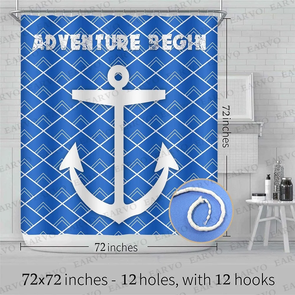

Nautical Anchor Shower Curtain，Blue Grids Adventure Begin Ocean Sailing，Creative Waterproof Polyester Home Shower Curtain Decor