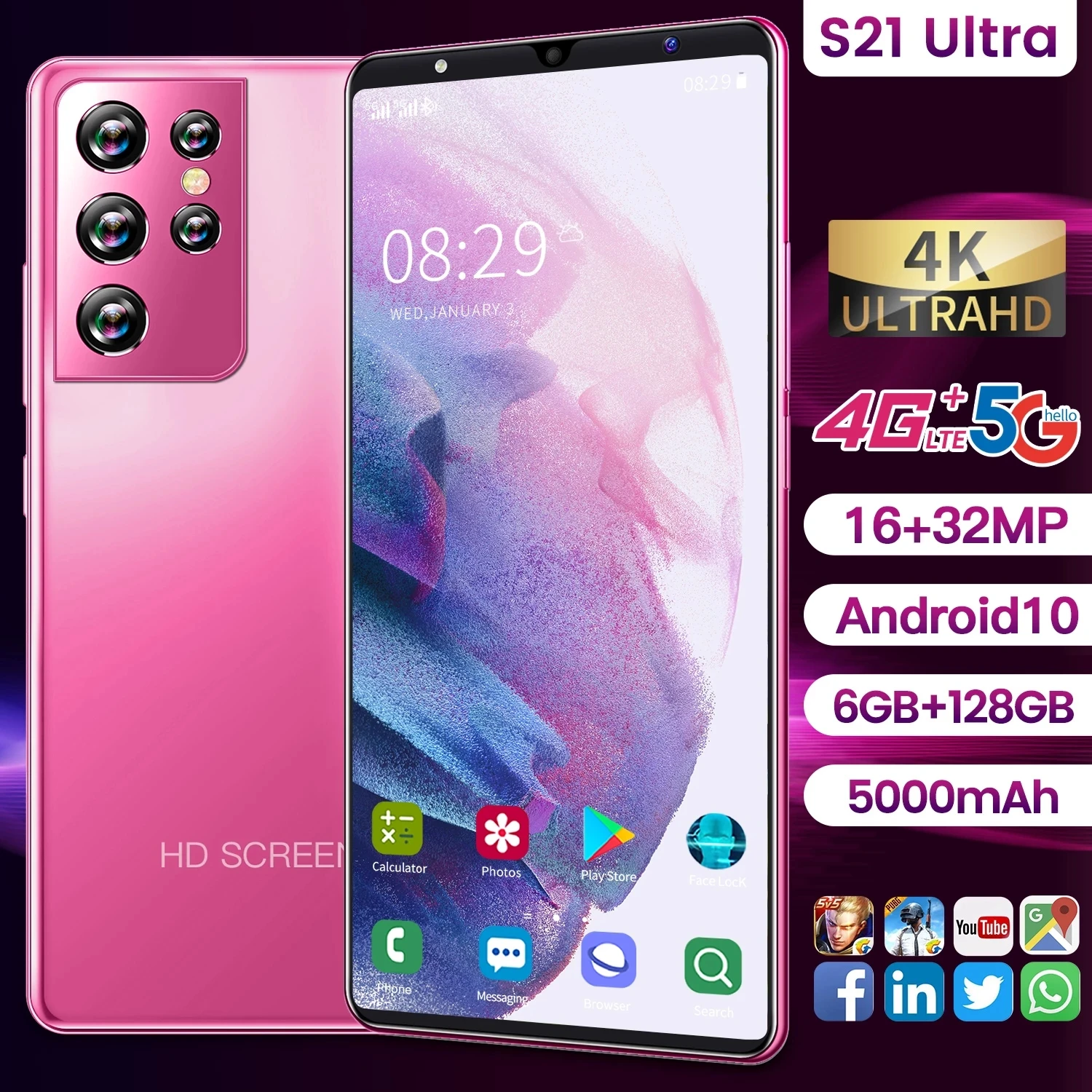 

Support Google S21 Ultra 5.0 Inch Smartphone HD Full Screen 8GB+256GB 16MP+32MP Camera 5000mAh Big Battery Android 5G Cell Phone