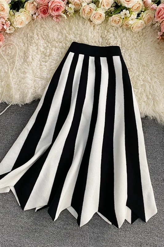 

Women's knit Skirt Striped Color Blocked Autumn Hisht Waist Elastic Aline Big Swing Female Harajuku