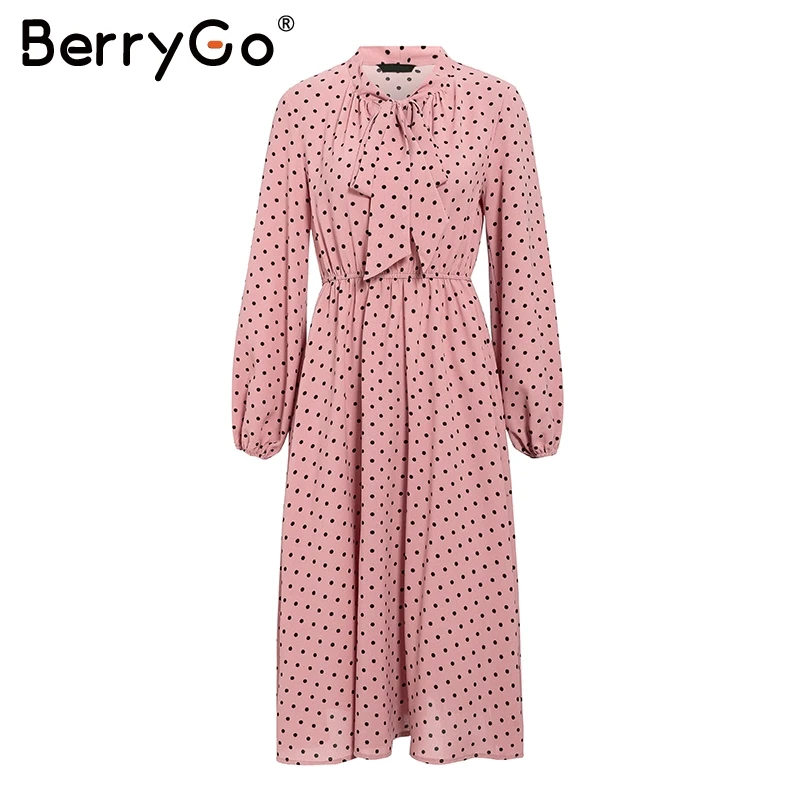 BerryGo, элегантное платье макси в горошек, женское, свободное, праздничное, для девушек, шикарное, с бантом, Платья для вечеринок, Осень-зима, рукав-фонарик, женское платье