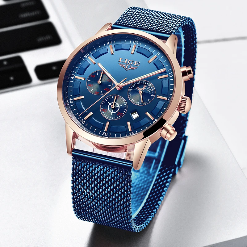 LIGE новые мужские s часы модные топ брендовые Роскошные из нержавеющей стали Синие