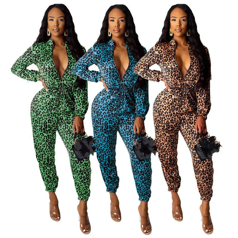

Autumn Loose Leopard Jumpsuit Stand Neck Full Sleeve SPaghetti Strap Sexy Rompers Women's Jumpsuit Female Clothing