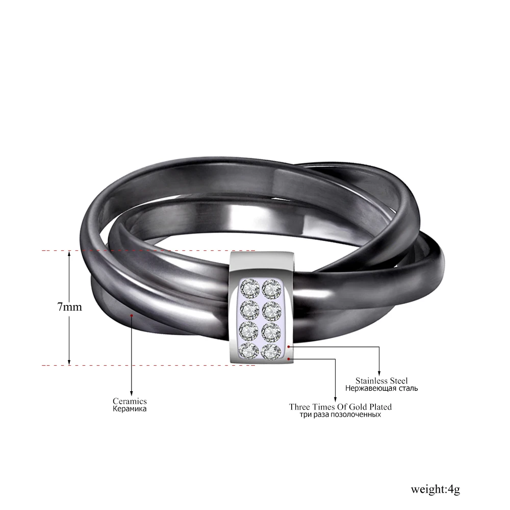YiKLN Exclusive 3 Layers Black/White Ceramic Crystal Wedding Rings Jewelry Rose Gold Stainless Steel Rhinestone Ring YR19066 | Украшения и