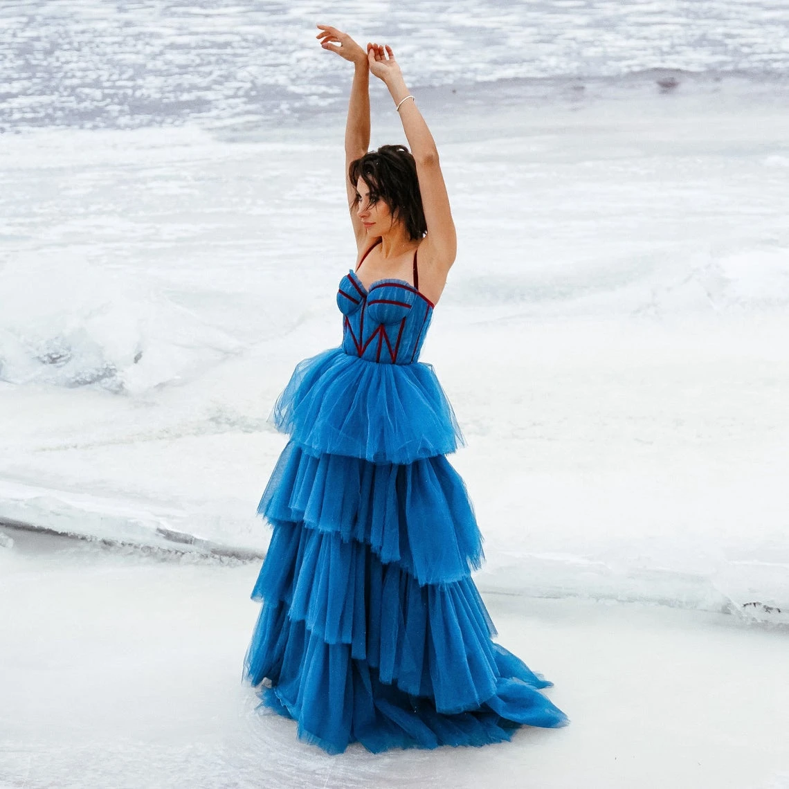 

Blue Evening Corset Dress With Off Shoulders Lush Tulle Tiered Maxi Skirt Floor Length Prom Dress Bustier Layered Ball Gown